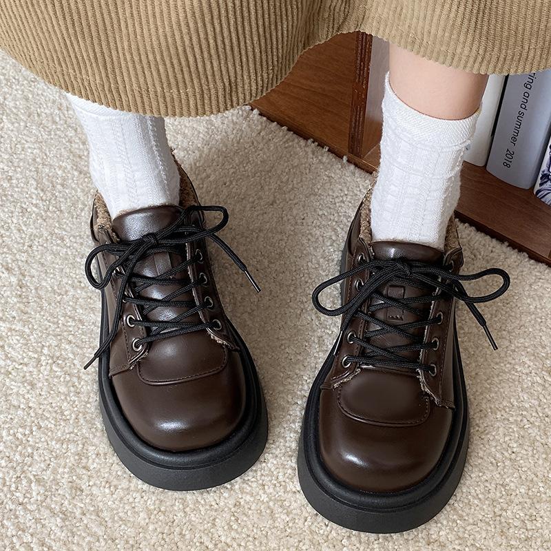College Style Velvet Small Leather Shoes Women's Autumn and Winter New Lamb Wool Shoes Thick Sole Heightening Lace-up Loafers