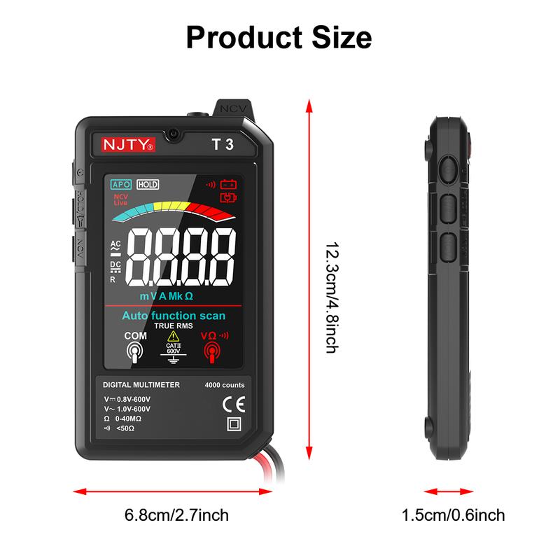 NJTY T3 MINI Smart Digital Multimeter Color Screen USB Rechargeable 4000 Counts Auto Ranging Voltage Resistance NCV Live Wire