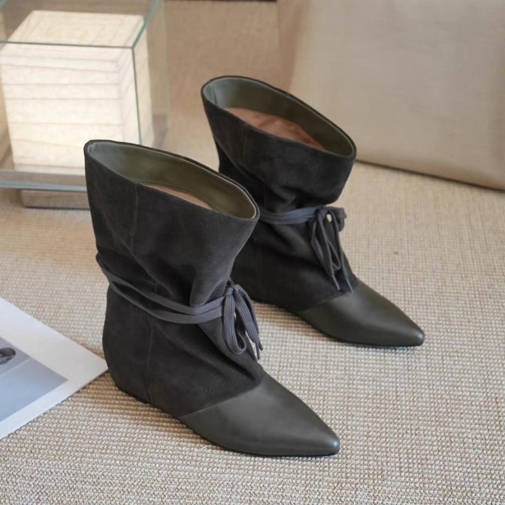 Small retro pointed pleated piled boots autumn and winter new long tube thin western boots with skirt women's boots