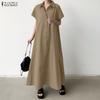 ZANZEA Women Casual Turn Down Collar Loose Short Sleeve Long Dress