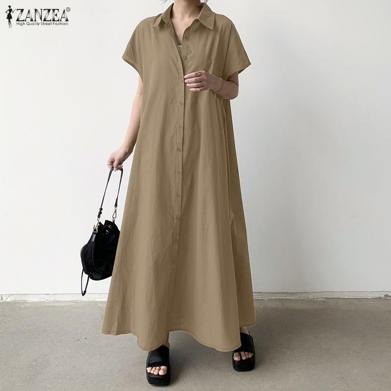 ZANZEA Women Casual Turn Down Collar Loose Short Sleeve Long Dress