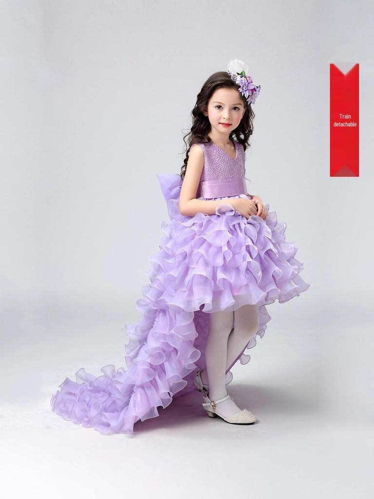 Girls' High-End Formal Princess Dress with Removable Train - Perfect for Weddings, Flower Girls, and Piano Performances