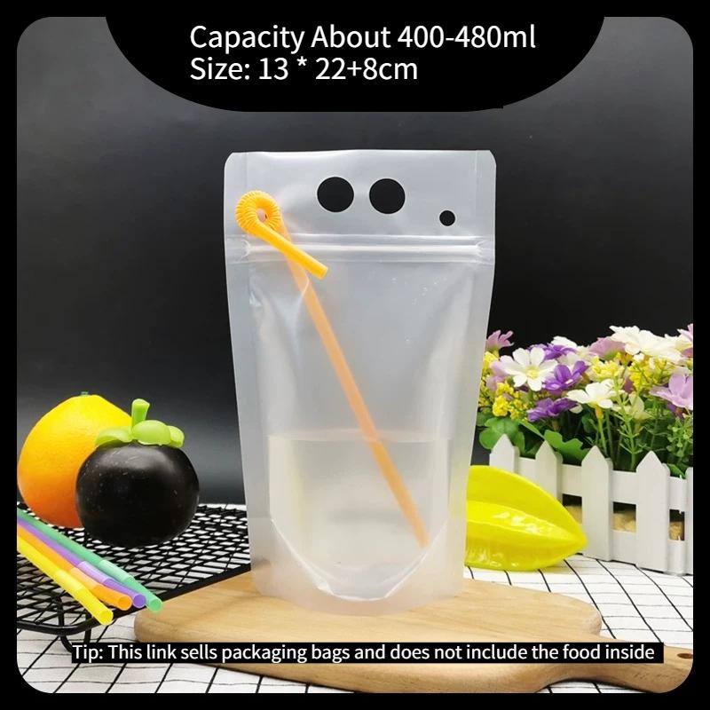 Portable Thick Leak Proof Handheld Beverage Bag Disposable Transparent Juice Milk Tea Packaging Bags Self Sealing Self Standing Liquid Carrying Pocket 100pcs
