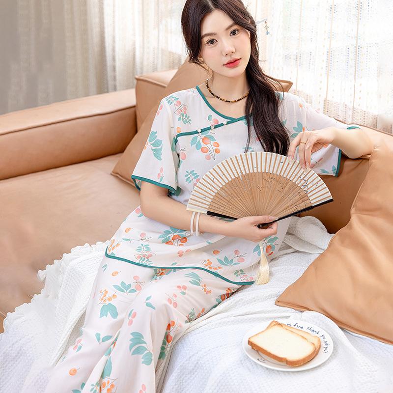 New pajamas women's summer cotton silk retro style women's new Chinese hanfu mother cotton silk loungewear large size