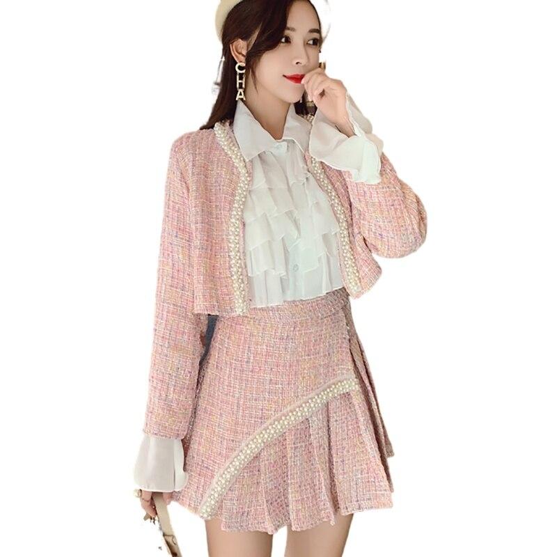 

Новая весенняя куртка с бисером, комплекты из 2 предметов, женская мода, элегантное тонкое пальто, юбка, рубашка, твидовый костюм из двух предметов для женщин XL
