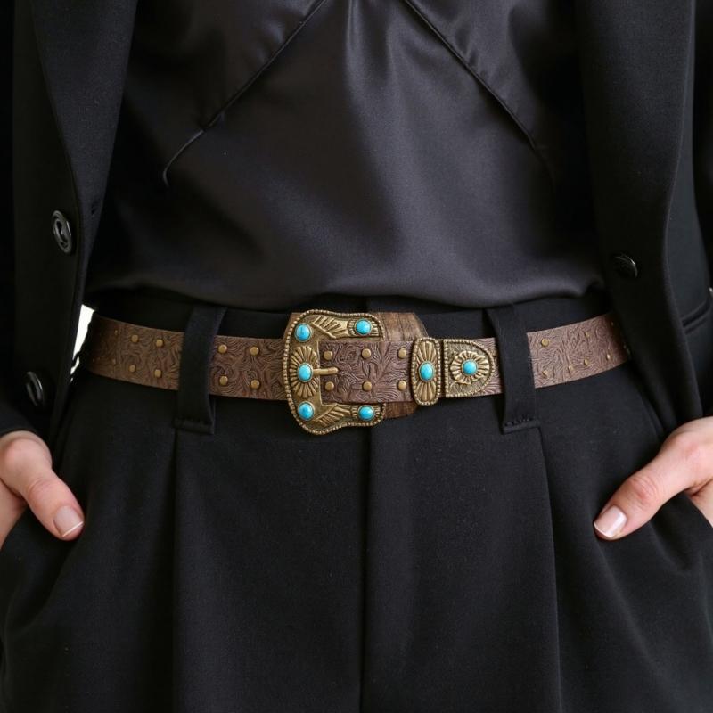Western Engraved Leather Belt Adjustable Waistband Durable PU Material For Men Women