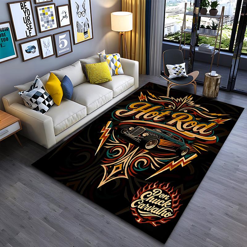 "Hot Rod Themed Carpet with Vintage Car and Flame Design Print" Suitable for use as an anti-slip for living room bedroom sofas