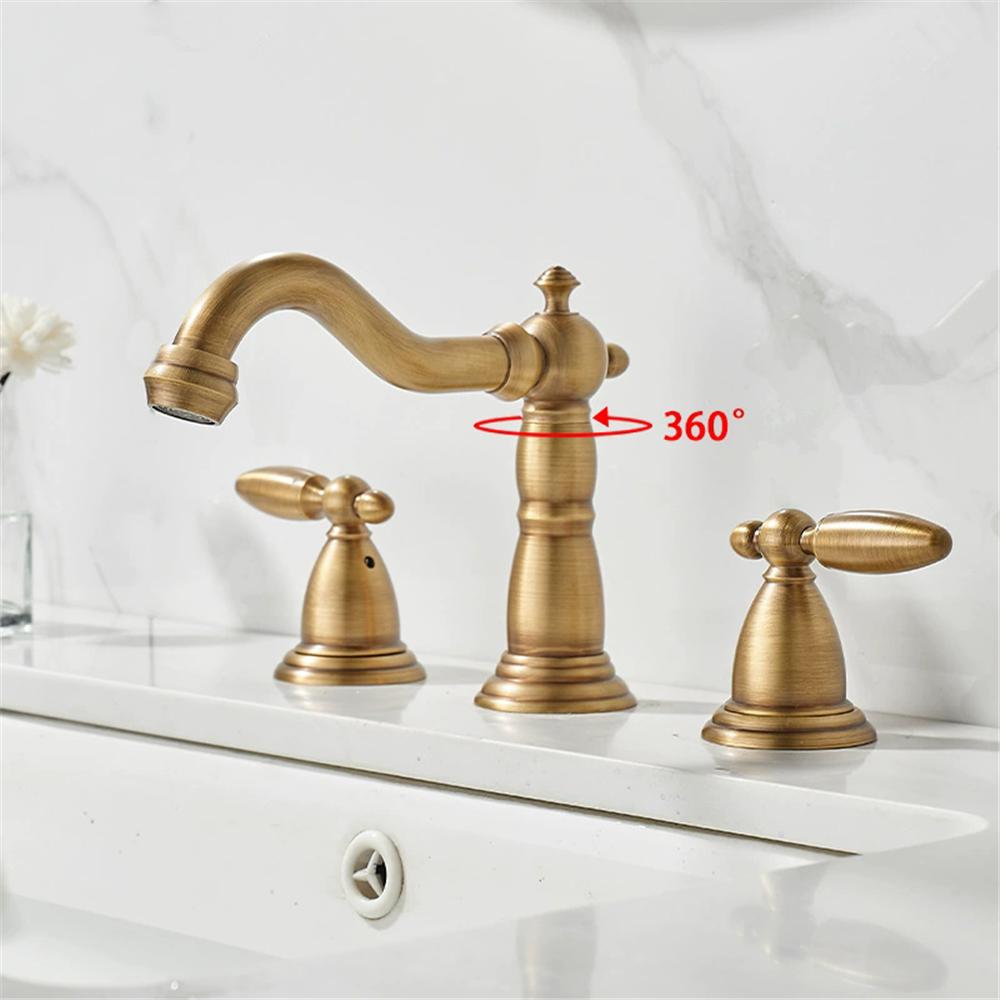 Tuqiu Gold Bathroom Faucet Widespread Antique Sink Tap Brass Bathroom Sink Faucet 3 Hole Brass Chrome Hot Cold Water Tap
