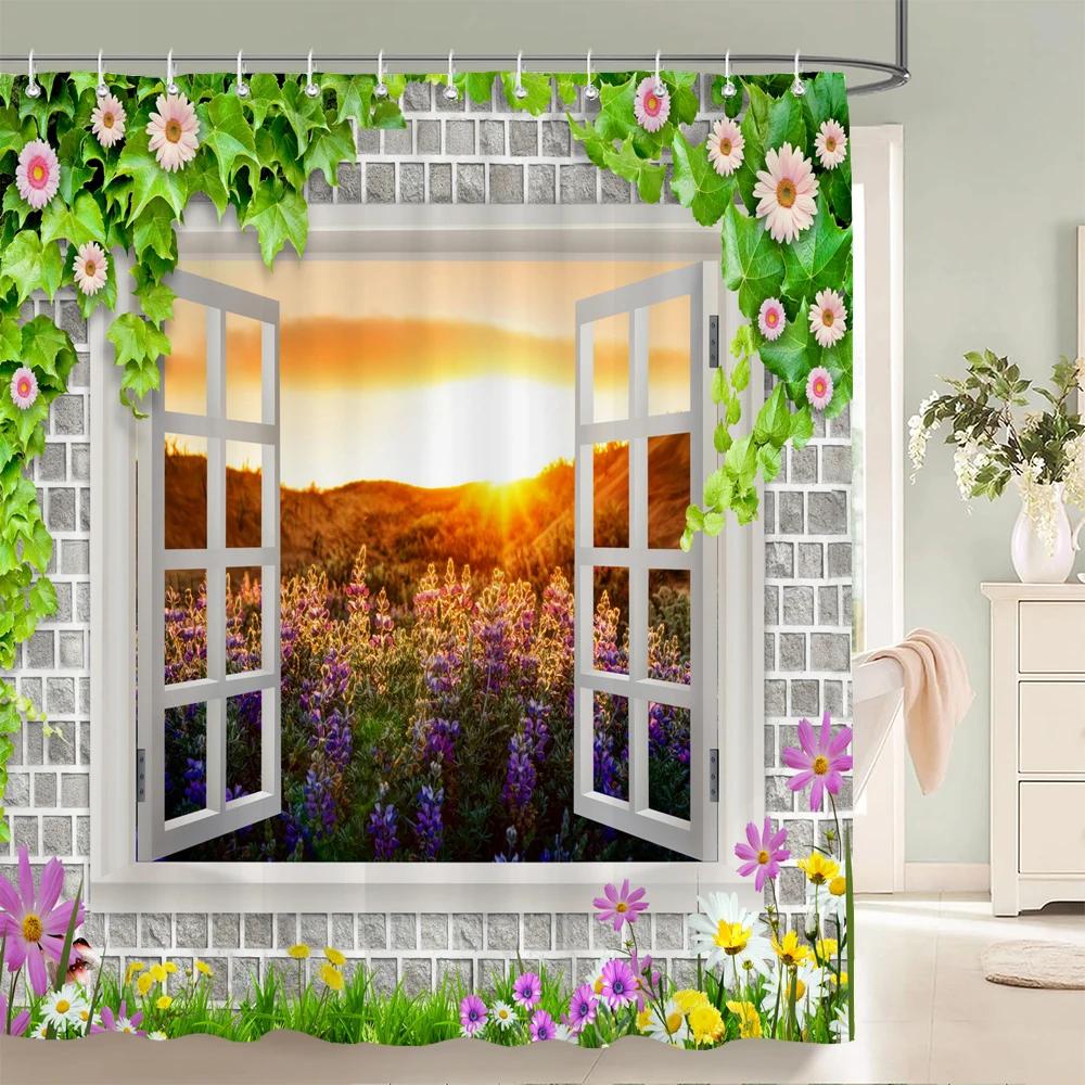 Flower Scenery In Rural Towns Printed Shower Curtain 3D Street Window Flower Landscape Printed Home Decoration Bathroom Curtain