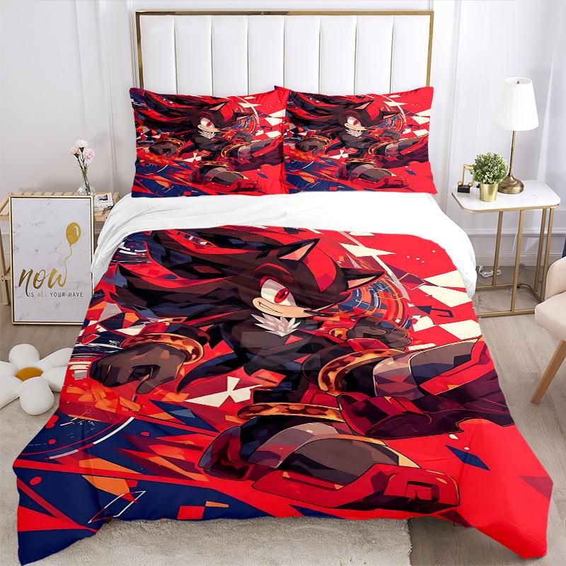 3pcs Shadow the Hedgehog Printed Quilt Set - Soft and Comfortable Quilt Cover for Bedroom, Guest Room and Dormitory Decorative Bedding Set 1