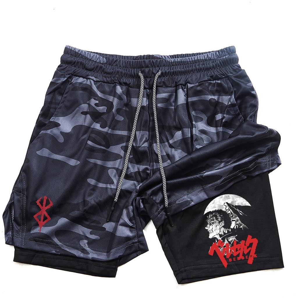 Pantalones cortos de gimnasio para hombre, ropa deportiva 2 en 1 de Anime para correr, trotar, entrenamiento, Yoga, baloncesto