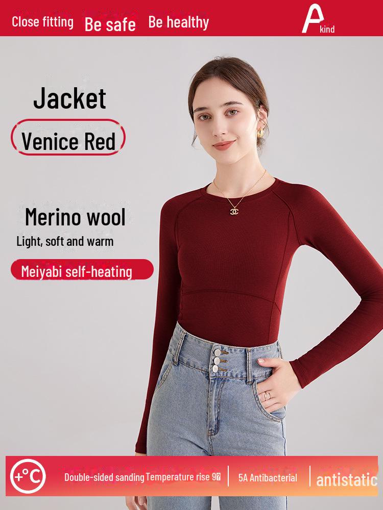 Damen Herbst/Winter Slim Fit Langarm Woll-Plus-Samt-Oberteil mit Rundhalsausschnitt