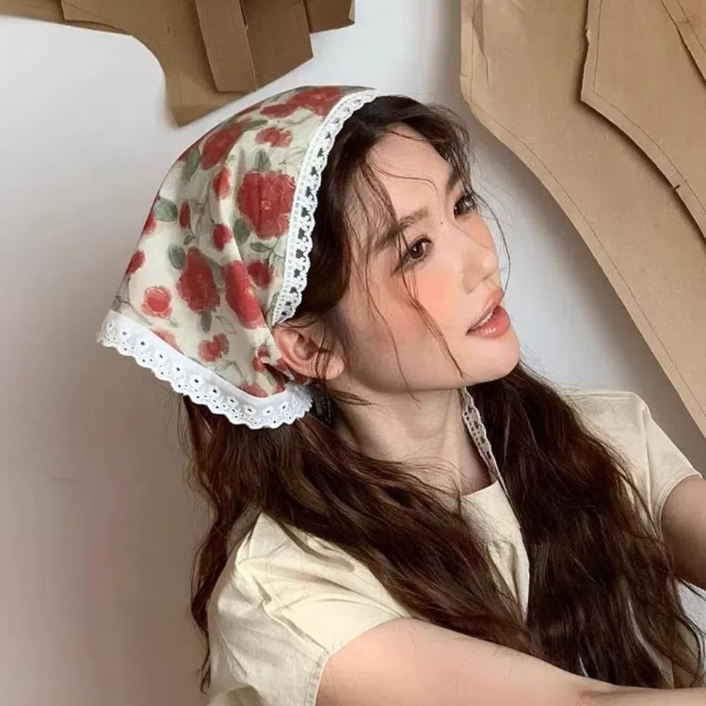 Elegant Floral Cotton Head Scarf Soft Wrap Printing Hair Scarf Vintage Lace Triangle Scarf  Beach