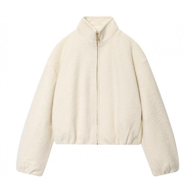 Women s Solid Color Loose Stand Collar Pearl Leather Wool Jacket L