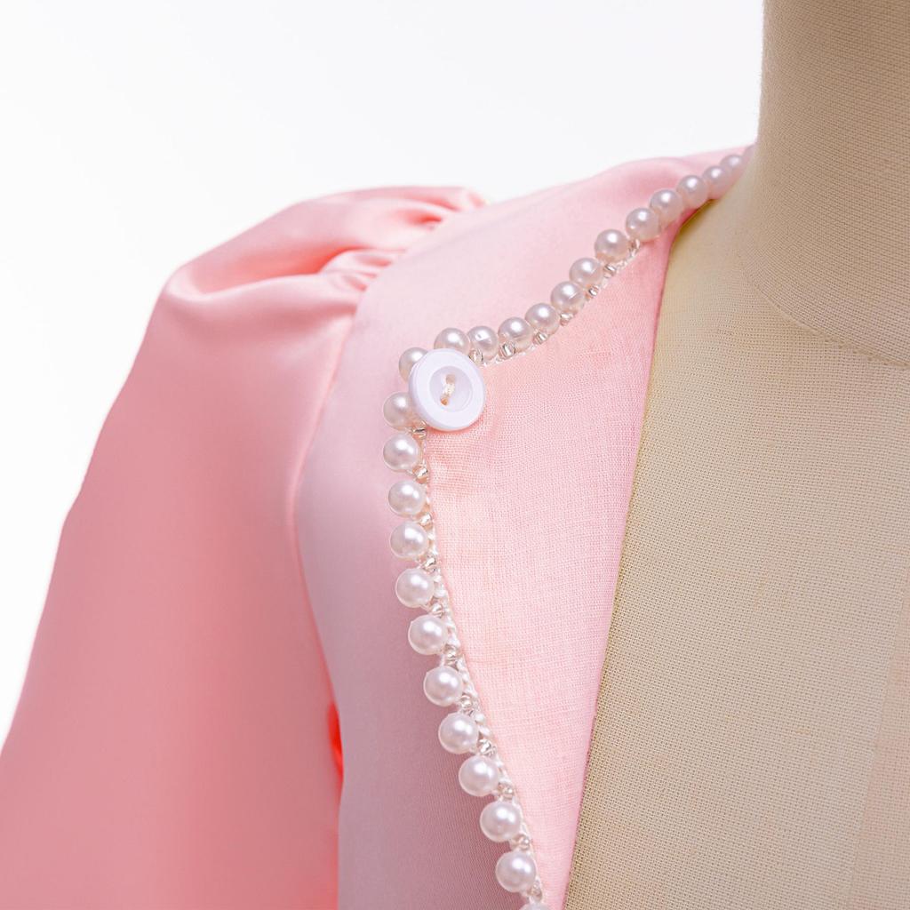 Girl's Red Pearl Long-Sleeve Evening Dress with Accessories, Including One-Button Shawl, Short Jacket Cape, and Sleeveless Vest.