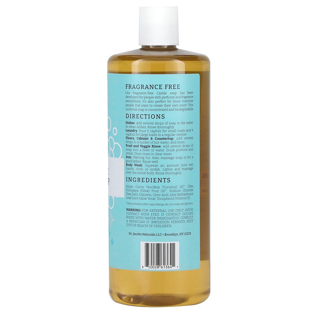 Dr. Jacobs Naturals Vegetable Pure Castile All-in-One Soap, Unscented, 946 Ml (32 Oz)