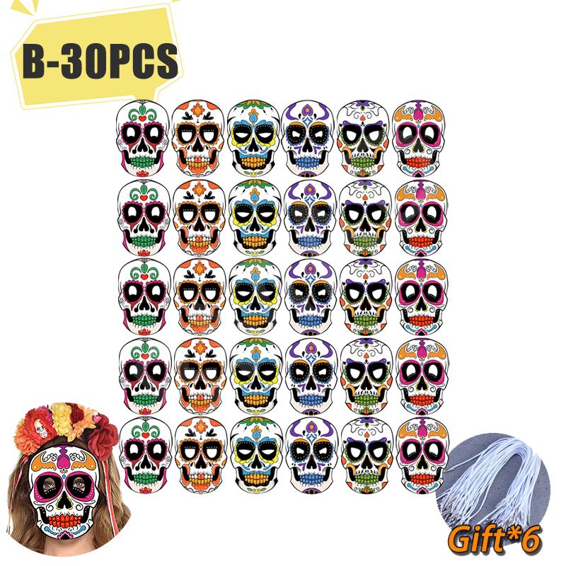 6-60PCS Halloween Colorful Skull Masks Mexican Day of The Dead Paper Mask Set for Party Masquerade Theme Decor DIY
