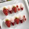 24PCS 3D Strawberry Red French Nail Tips Simple Short Almond with Pearl False Nails Golden Patterns Nails Press On Full Cover