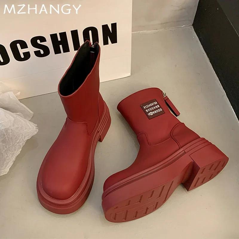 Платформа Женские Высокие Сапоги Высокий Каблук Кожаная Модная Женская Обувь Ботильоны — фото 5