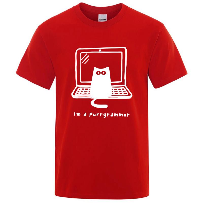 Мужская футболка Хлопок Забавный Кот Программист Принт Летняя Повседневная Свободная Прохладная Мужская Футболка с Круглым Вырезом Мужские Топы Футболки XXXL красный