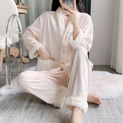 Dámský žakárový pyžamový set jednobarevný - Dlouhý rukáv, Dlouhé kalhoty, Hřejivý fleece
