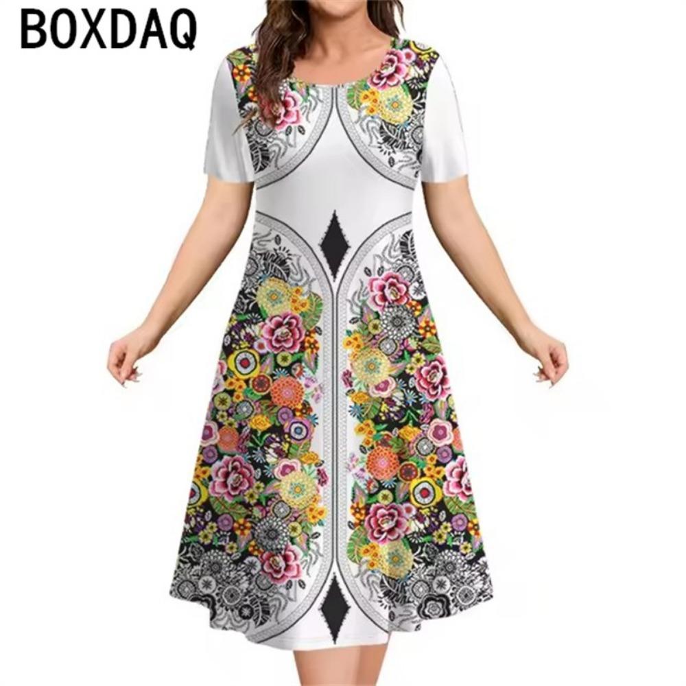 

Vintage Tribal Ethnic Floral Graphic Elegant Women s Dress 2025 New Summer Short Sleeve O-Neck Casual Loose A-Line Dress Vestido XL