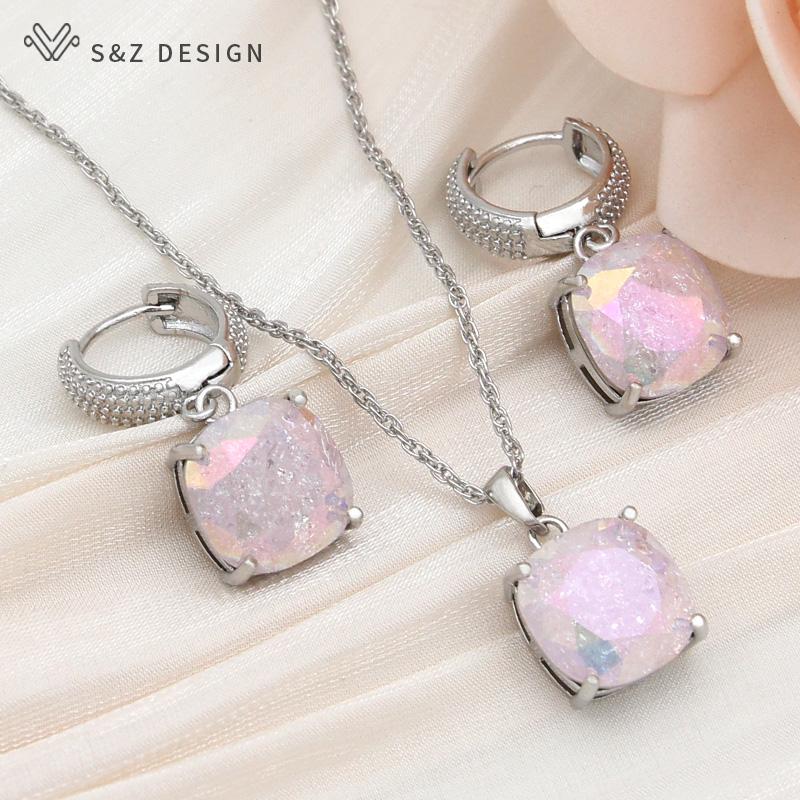 

Модные квадратные серьги с кристаллами и трещинами, комплекты ювелирных украшений для женщин, свадебное ожерелье цвета розового золота, подарок