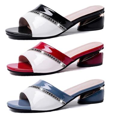 Women's Slippers Fashion Summer New Rhinestone Color Matching Medium Heel High Quality Female Slippers Sandals Ladies Shoes