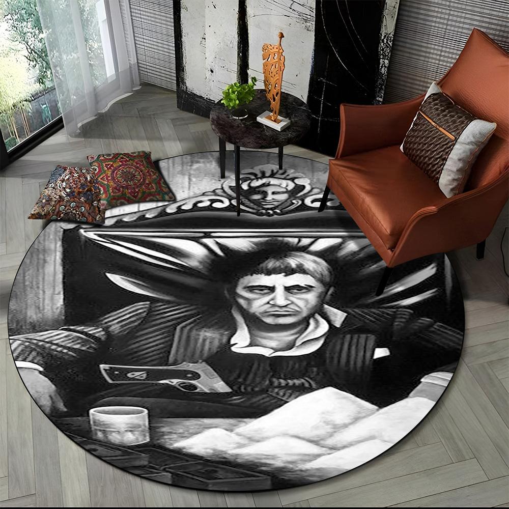 3D Tištěný Film Scarface Tony HD Kulatý Koberec pro Obývací Pokoj Ložnici Dětský Herní Koutek Dekorace, Koberec do Zvířecí Zóny Protiskluzová Podložka