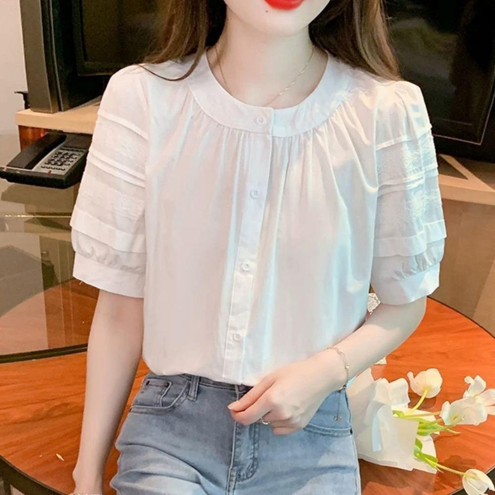 

Французская блузка с круглым воротником, оборками и пышными рукавами для женщин, летняя, новая мода, элегантная, стройнящая, с коротким рукавом, универсальный топ L белый