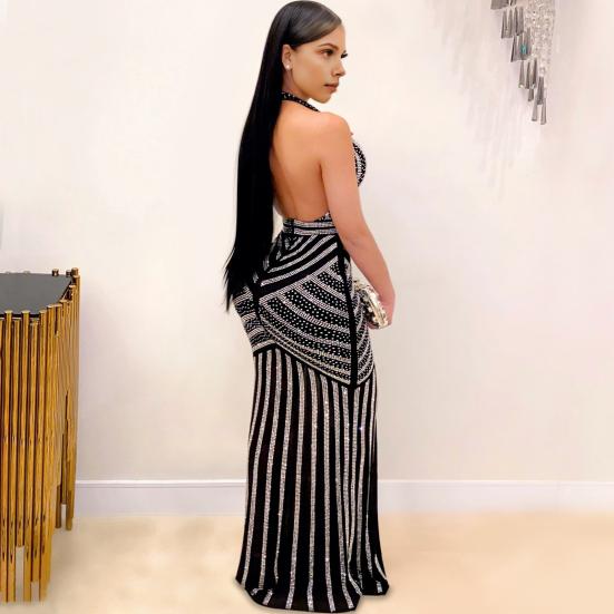 Abito da sera da donna, scollo a V profondo, scollo all'americana, a righe, con decorazioni in strass scintillanti, senza schienale, spalle scoperte, cocktail party, ballo di fine anno, abito lungo