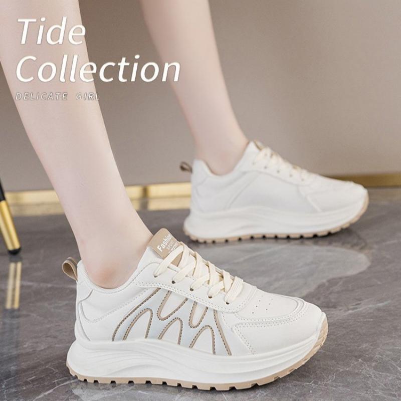 Spring, Summer, Autumn and Winter Women's Low-top Round-toe Lace-up White Shoes