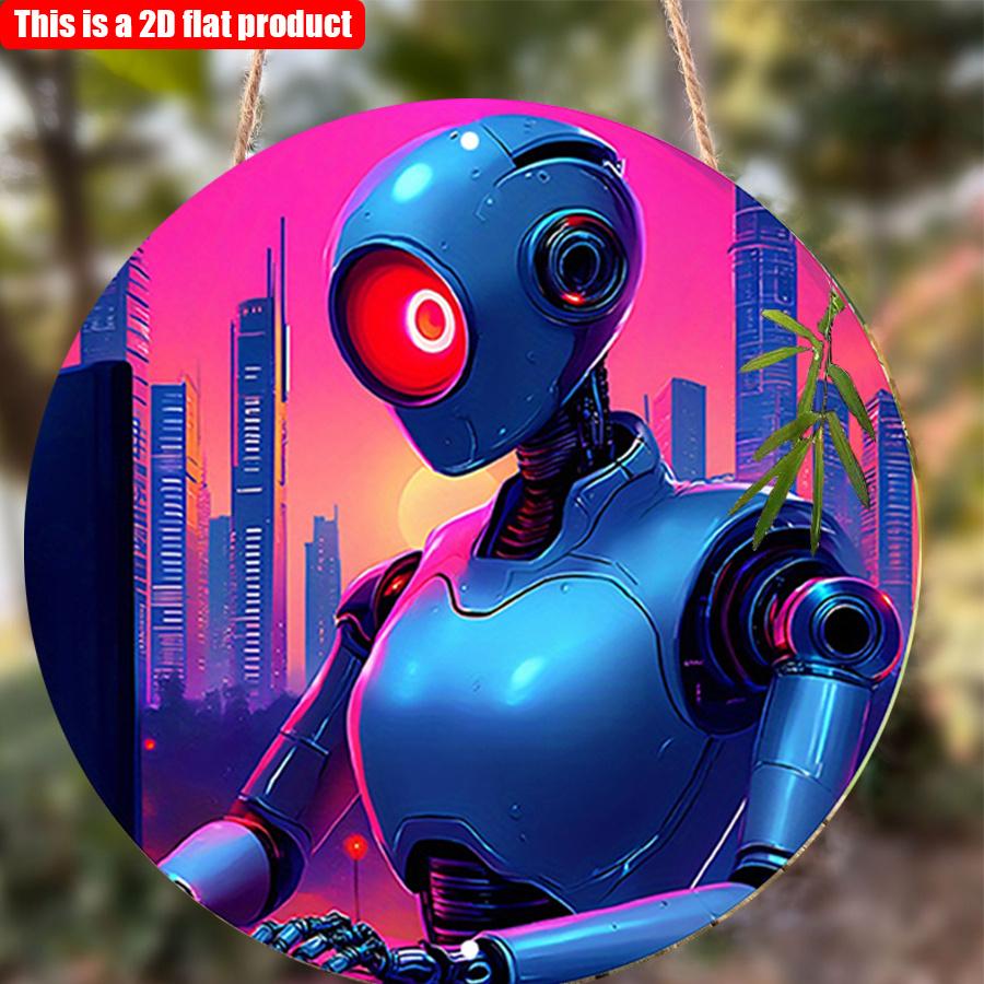 2D Flat 20*20cm1pc City Sunset scenery Blue Robot pattern Circular Hanging ornament, Futurist Urban Landscape Theme Wooden decoration, Application