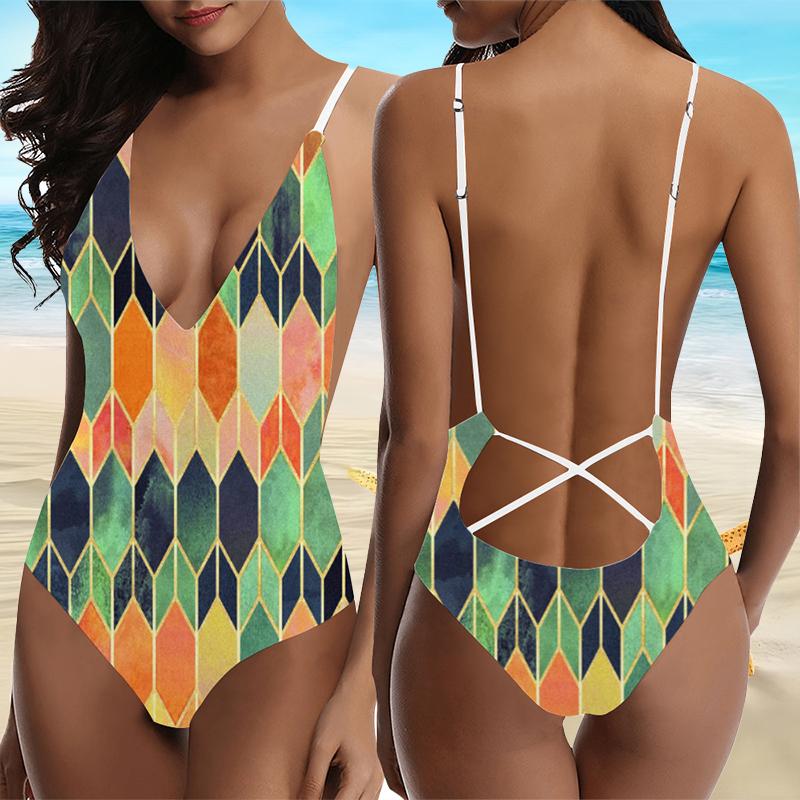 

Hot Selling and Popular Women s Fashionable Check Printed Camisole with Backless Swimsuit XS помаранчевий