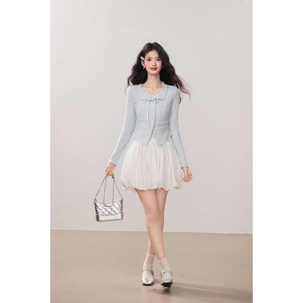 Kumikumi Women's Chic Blue Lace Tie-Up Long Sleeve Autumn Two-Piece Slimming T-Shirt