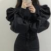 Round Neck Threaded Splicing Design with A Sense of Closure, Bubble Sleeves, Slim Fit Shirt Top for Women