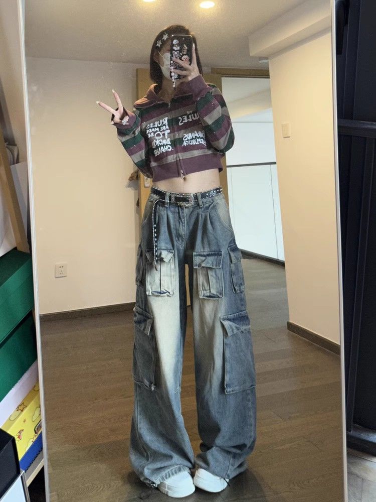 Harajuku 90. léta Y2k Vintage Baggy Jeans Ženy Grunge Prané Více kapes Džínové Cargo Kalhoty Nízký růst Ležérní široké kalhoty