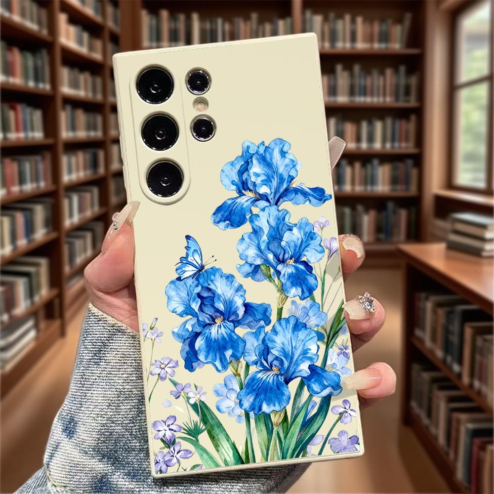 Blue Irises with Butterfly Soft TPU Case Slim Shockproof Protective Cover For Samsung Galaxy S Ultra FE Plus A Series 5G
