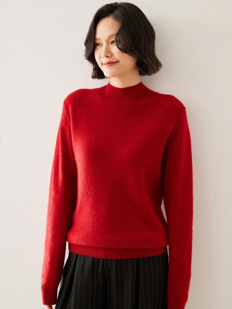 Women's Classic Cashmere Sweater - Autumn/Winter Style, Seven-Stitch Half-High Collar, Regular Shoulder, Long Sleeve, Solid Color, Commuter-Friendly.