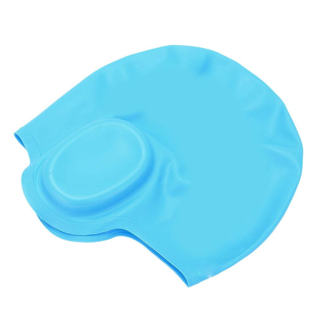 Waterproof Silicone Swimming Cap with Ear Protection 3D Strong Elasticity Long Hair Swimming Hat for AdultsLight Blue