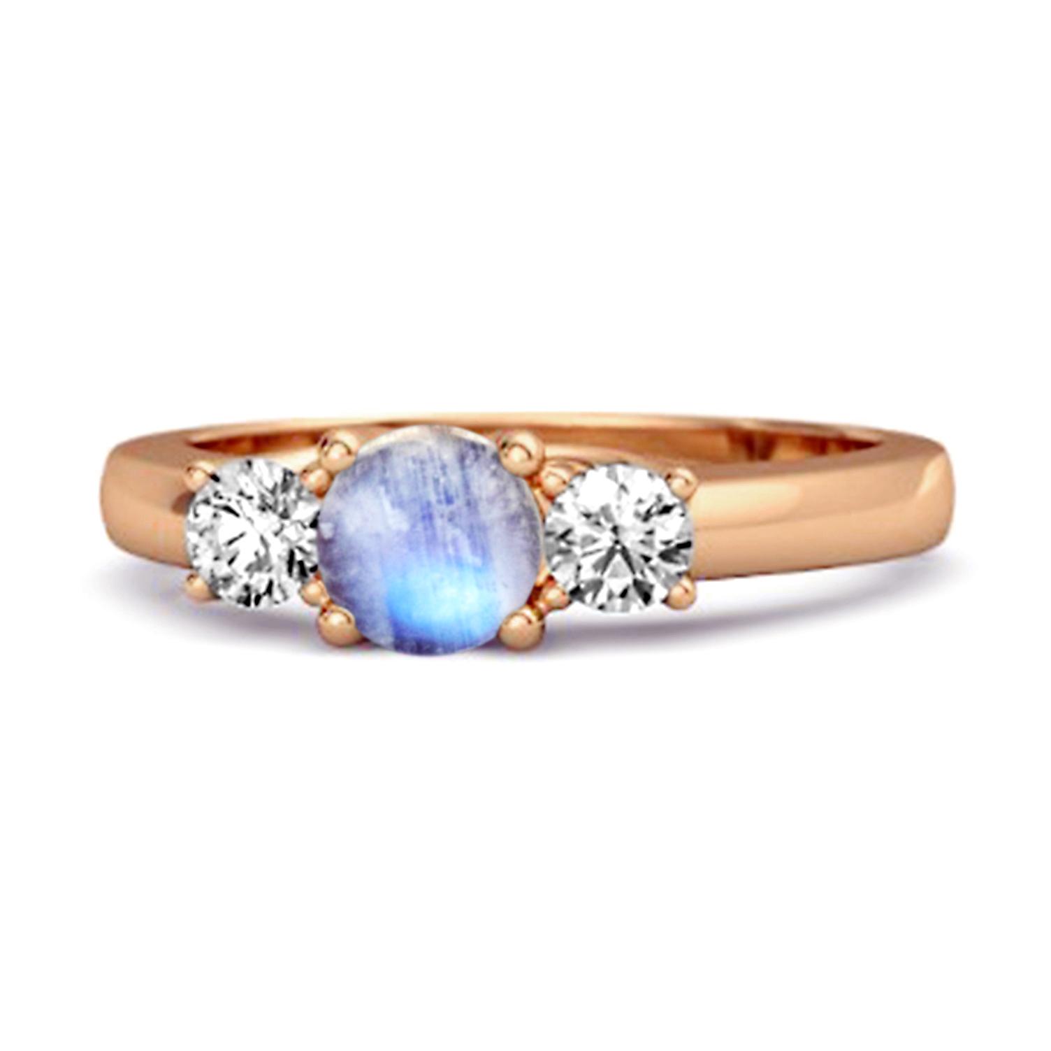 Moonstone Round Three Stone Ring -925 Sterling Silver Rose Gold Vermeil 9.5