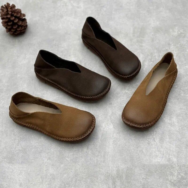 Johnature Retro Loafers Genuine Leather Flat Shoes Casual Versatile Handmade Soft Cowhide Women's Slip-on Shoes