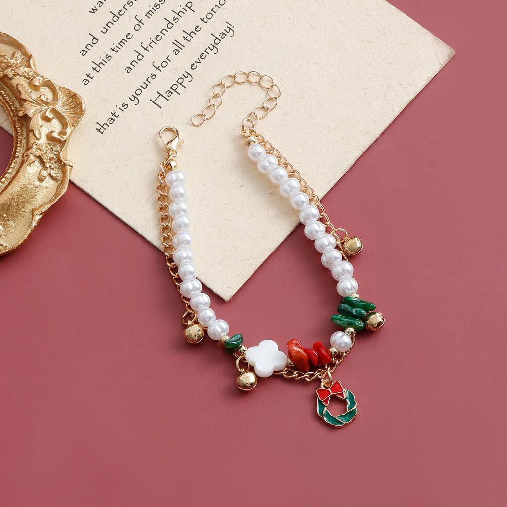 Christmas Elements Pearl Jewelry Clover Bells Geometric Creative Simple Double Bracelet