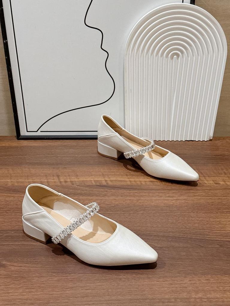 French Silver Rhinestone Mary Jane Shoes Girl 2025 Summer New Pointed Temperament Fairy Style Word with Thick Heel Shoes