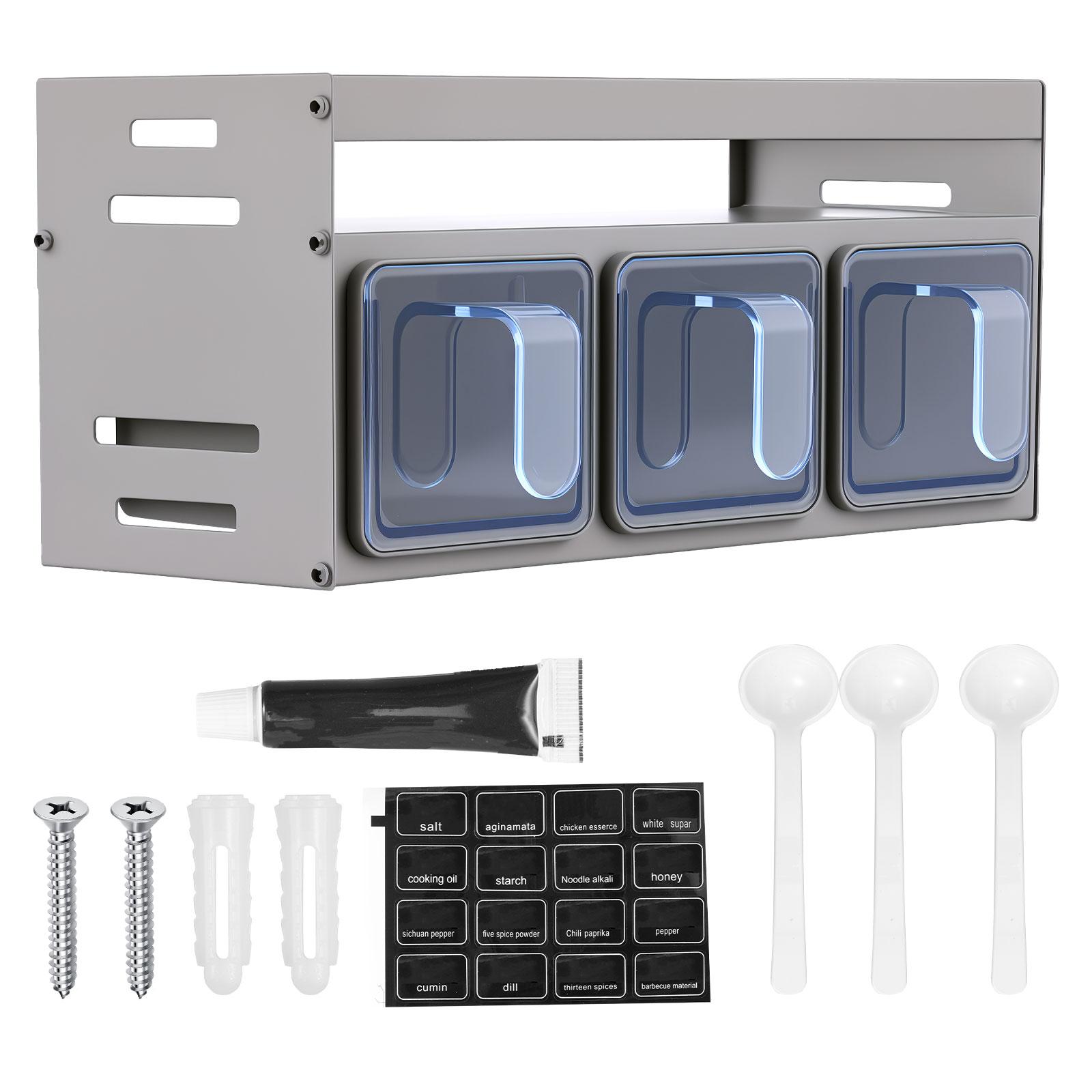 

Настенная полка для хранения специй без сверления с 3 герметичными ящиками, кухонная коробка для хранения специй, органайзер для приправ серый