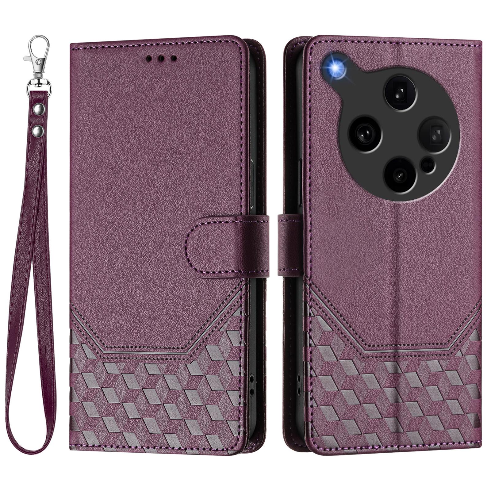 

For Oppo Find X8 Ultra 5G Case Imprinted Honeycomb RFID Blocking Leather Phone Cover with Strap Dark Purple