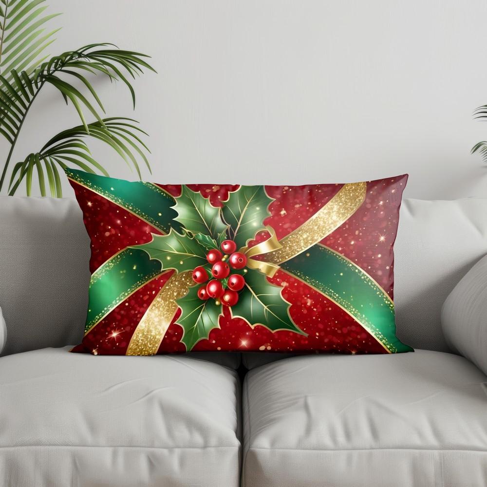 Home Decor Christmas Plaid & Holly Pillow Suitable For Sofa Bedroom Car Pillow Cover Cushion Rectangular Back Cushion