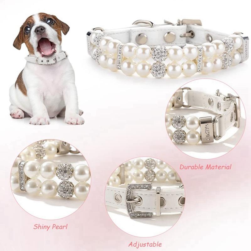 Cat Pearl Collars With Crystal Rhinestone Pearl Pet Cat Necklace Adjustable PU Leather Neck Strap For Small Dogs Cat Accessories