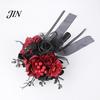 Spooky Wedding Bouquet Gothic Bride Bouquet, Artificial Black Red Rose Flower Party Floral Centerpiece with Skeleton Hand Pumpkin Skull for