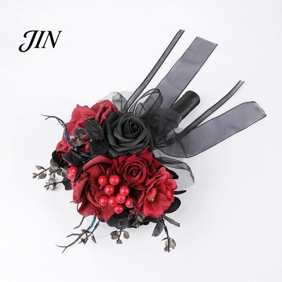Spooky Wedding Bouquet Gothic Bride Bouquet, Artificial Black Red Rose Flower Party Floral Centerpiece with Skeleton Hand Pumpkin Skull for